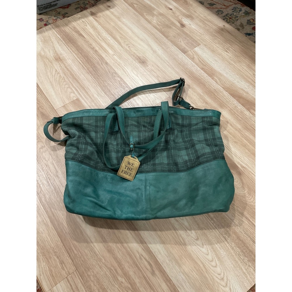 Rare Free People We The Free Rockport Tote Highland Plaid Teal Leather Large Bag